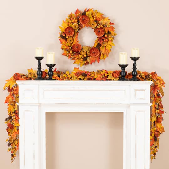 Glitzhome® 6ft Fall Velvet Pumpkin, Pinecone & Berry Garland